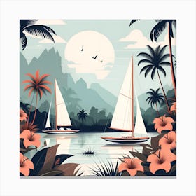 Tropical Landscape With Sailboats Canvas Print
