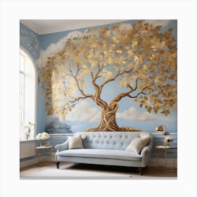 Golden leaves with blue background Canvas Print