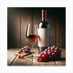 Wine Bottle, glass of red wine And Grapes On Wooden Background 1 Canvas Print
