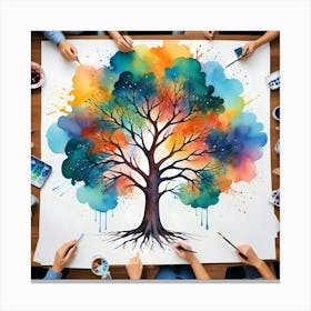 Group Of People Painting Colorful Tree On Canvas, Teamwork Concept Canvas Print