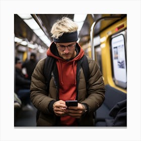 Young Man On A Subway Looking At His Phone Canvas Print