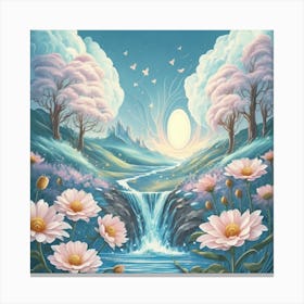 Waterfall With Pink Flowers Canvas Print