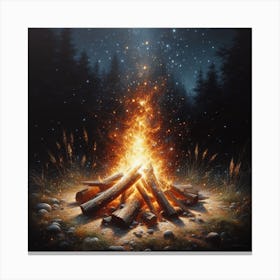 Fire and Stars: A Realistic Painting of a Campfire with Details and Textures Canvas Print