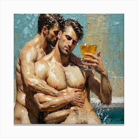 Two Nude Men In A Pool, Van Gogh Style Canvas Print