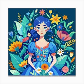 Watercolor Floral Girl In Blue Dress Art Print Canvas Print