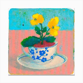 Yellow Pansies In A Tea Cup Square Canvas Print