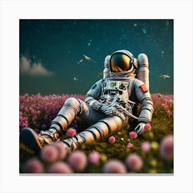 Astronaut In The Field Of Flowers Canvas Print