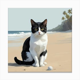 Art Cat Sitting On The Beach Art Print Canvas Print