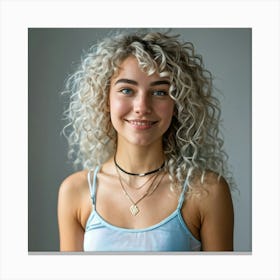 Photorealistic Portrait Of A Smiling Young Woman With Blue Eyes And Vibrant Blue Hued Curly Hair Dr Canvas Print