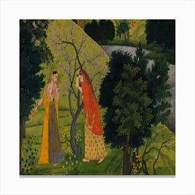 Radha With Her Confidant, Pining For Krishna, Folio From The Second Or Tehri Garhwal Gita Govinda Canvas Print