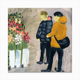 Tulips Buyers - painting square men person floral flower hand painted living room Canvas Print
