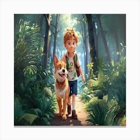 Boy And Dog In The Forest Canvas Print