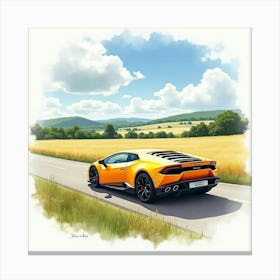 Watercolor Lamborghini Sián Cruising Through A Peaceful Countryside 1 1 Canvas Print