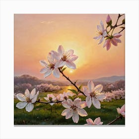 Golden Horizon, Pink Petals Blossoming Cherry Blossoms Canvas Print