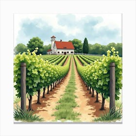 French Countryside Vineyard With Watercolor Grapevines And Rustic Barn 1 Canvas Print