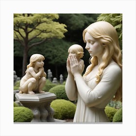 96 Garden Statuette Of A Small Kneeling Blonde Woman With Clasped Hands Praying In Front Of A Statuett Canvas Print