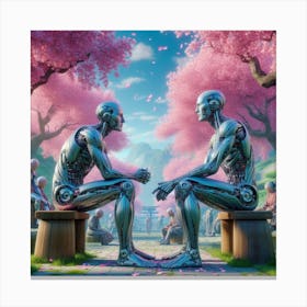 Two Robots In Cherry Blossoms Canvas Print