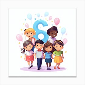 Children With Balloons And Number 6 Canvas Print