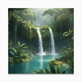 Waterfall In The Jungle paintings art print 7 Canvas Print