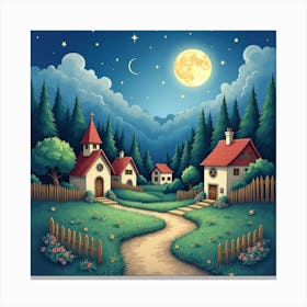 Dreamlike Watercolor Village Under Enchanted Moon 1 Canvas Print