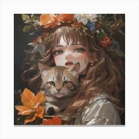 Kawaii Girl With Cat Canvas Print