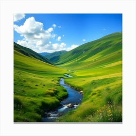 Green Valley With A Stream Canvas Print