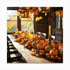 Autumn Table Decor Sprawling Across A Rustic Wooden Table Scattered Bright Orange Pumpkins Accompan (1) 2 Canvas Print