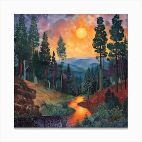 Sunset In The Forest, Tiny Dots, Pointillism Canvas Print