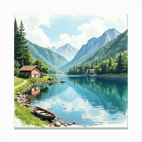 Charming Italian Artist In Watercolor, Painting A Serene Lake Scene In Lombardy Canvas Print