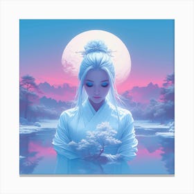 Asian Girl In Front Of The Moon Canvas Print