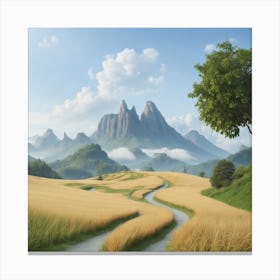 A Golden Paradise: Exploring the Beauty of a River and Mountain Landscape Canvas Print