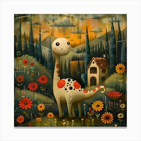 Dinosaur In The Garden, Naïf, Whimsical, Folk, Minimalistic Canvas Print