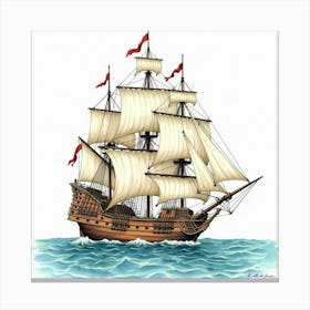 Detailed Watercolor Scene Of A Majestic Galleon 1 Canvas Print