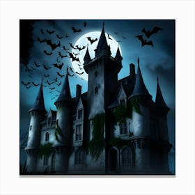 A Foreboding American Gothic Style Castle Stands Tall Amidst An Eerie, Moonless Night, Its Turrets And Spires Silhouetted Against A Dark, Gradient Blue Sky, With A Flurry Of Bats Taking Flight Around The Structure (3) Canvas Print