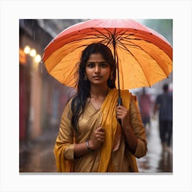 Indian Woman In Rainly weather Canvas Print