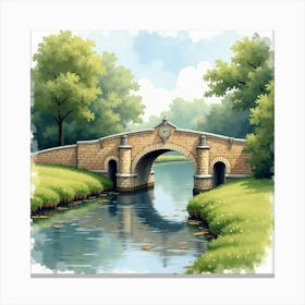 A Historic English Bridge Over A Gentle Stream, Painted With Watercolor 1 Canvas Print