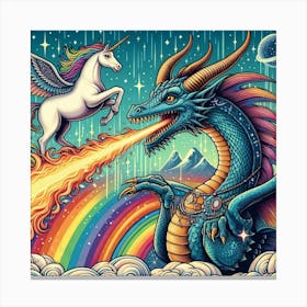 Unicorn And Dragon On A Rainbow Canvas Print
