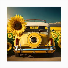 Vintage Car With Sunflowers, Digital Art Print, Home Decor Canvas Print
