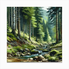 River In The Forest, Acrylic Painting Style Canvas Print