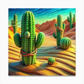 Surreal Desert Scene With Cacti Tied Together Canvas Print