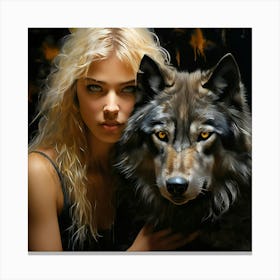 Watercolor Beautiful Blond Woman Sitting With Jet Black Wolf With Yellow Eyes Canvas Print