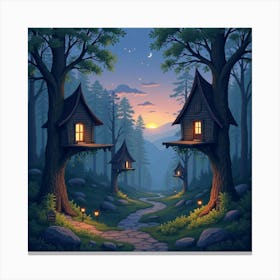 A Serene Elven Village With Treehouses And Shimmering Lights At Twilight 1 Canvas Print