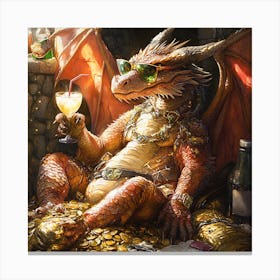 Cool Dragon Lounging on Gold Background 4 Canvas Print