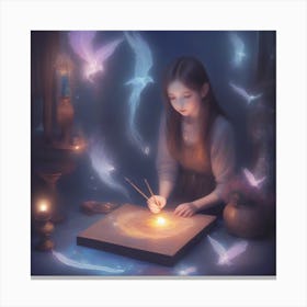 Girl Drawing With A Candle Canvas Print