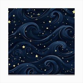 Dark Navy Wave Pattern With Yellow Stars On Night Sky Canvas Print