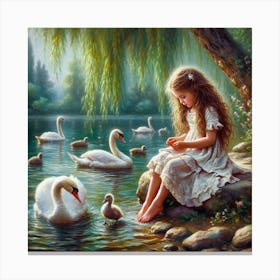 Little Girl With Swans Canvas Print