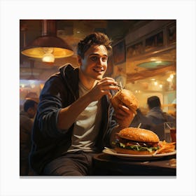 American diner Man eating burger Canvas Print