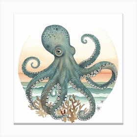 Storybook Style Octopus With Sunset 1 Canvas Print