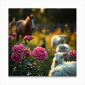 Pink Roses And Sheep Canvas Print