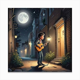 Young Boy With Gitaar In Moon Light Art Print (1) Canvas Print